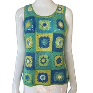 Sigrid Olsen Blue and Green Crochet Tank Top Y2K